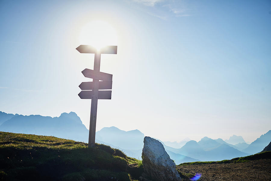 Nature Digital Art - Signpost On Mountain In Sunlight, Austria #1 by Conny Marshaus