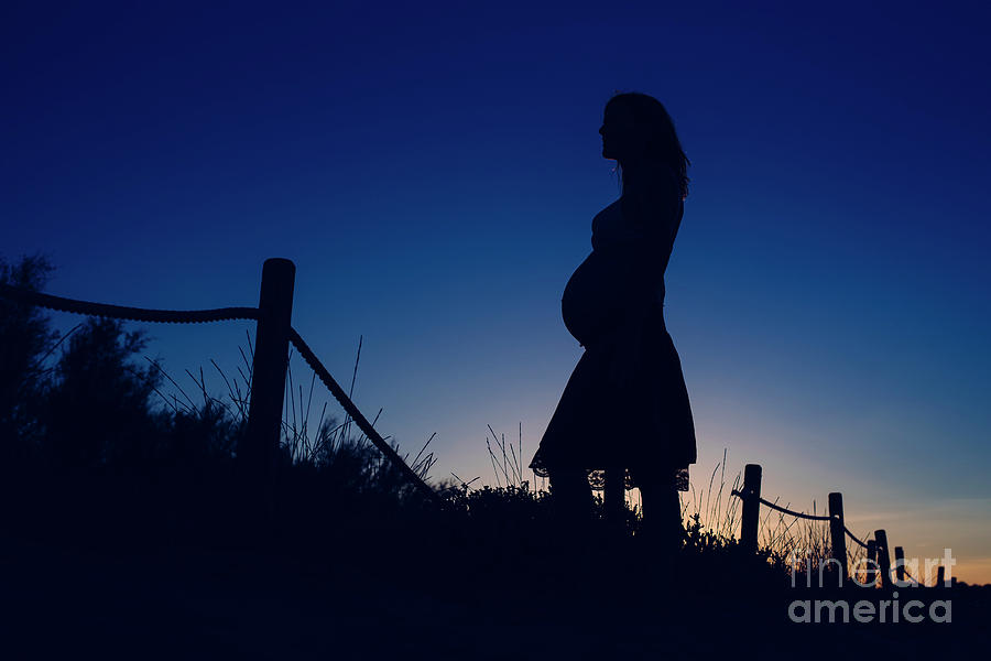 Silhouette of pregnant woman at sunset with solid color background. #1 Photograph by Joaquin Corbalan