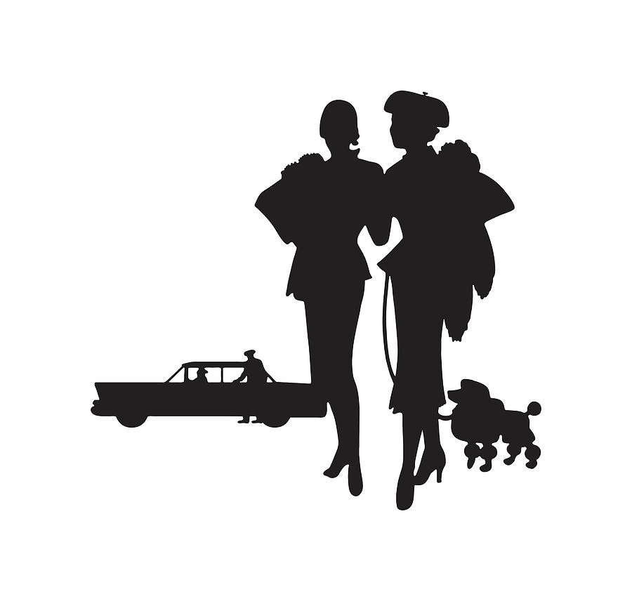 Black And White Drawing - Silhouette of Two Women and Car #1 by CSA Images