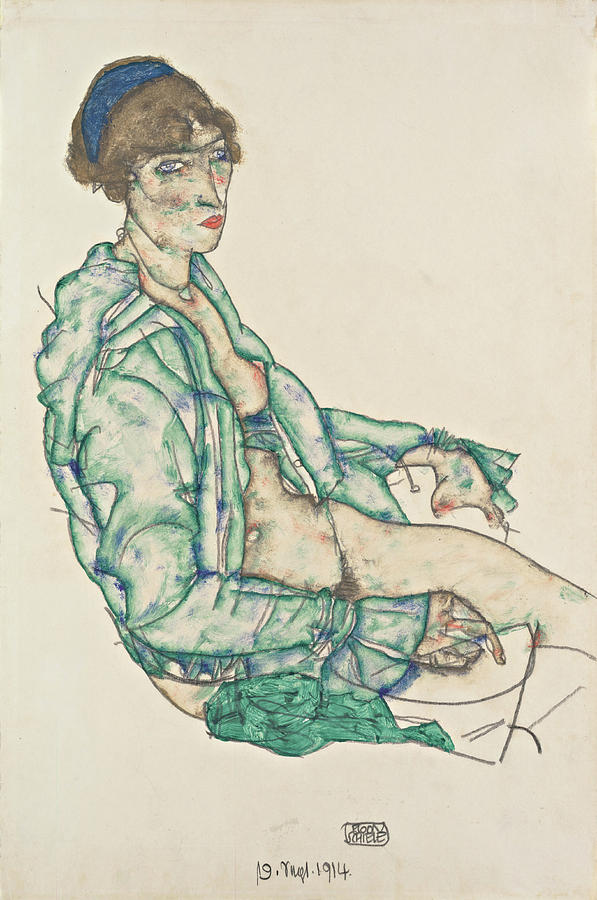 Egon Schiele Painting - Sitting Semi-Nude with Blue Hairband #1 by Egon Schiele
