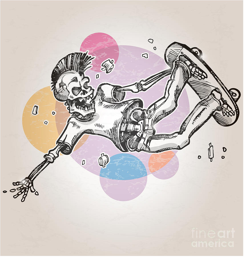 Abstract Drawing - Skeleton Skater  On Abstract Retro Background #1 by Domenico Condello