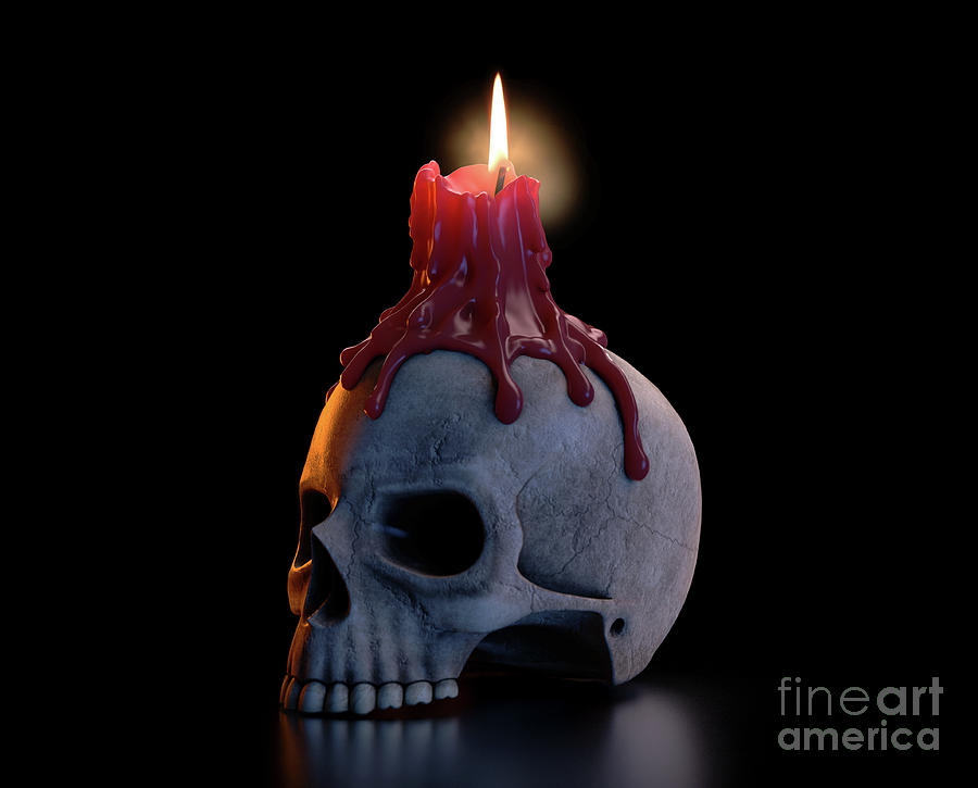 Halloween Digital Art - Skull And Melted Lit CAndle #1 by Allan Swart