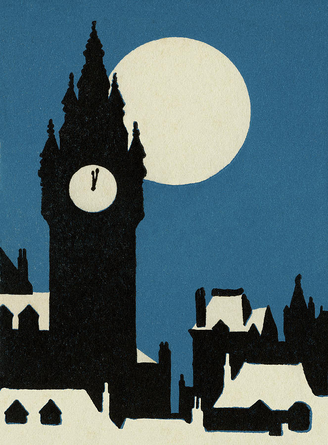 Vintage Drawing - Skyline With Clock Tower at Night #1 by CSA Images