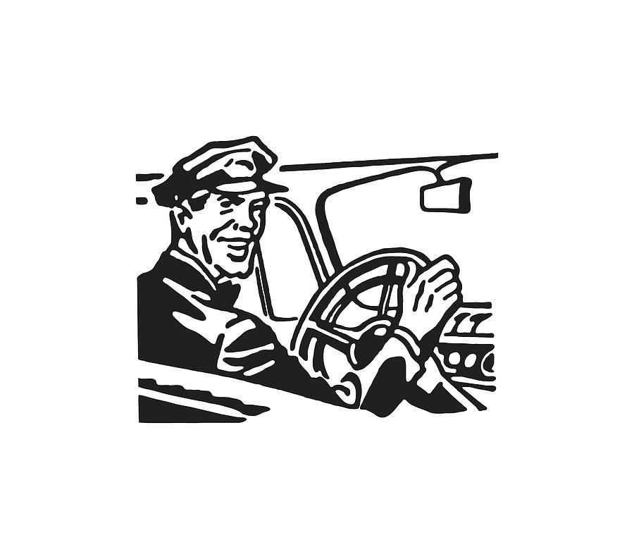 Black And White Drawing - Smiling Bus Driver #1 by CSA Images