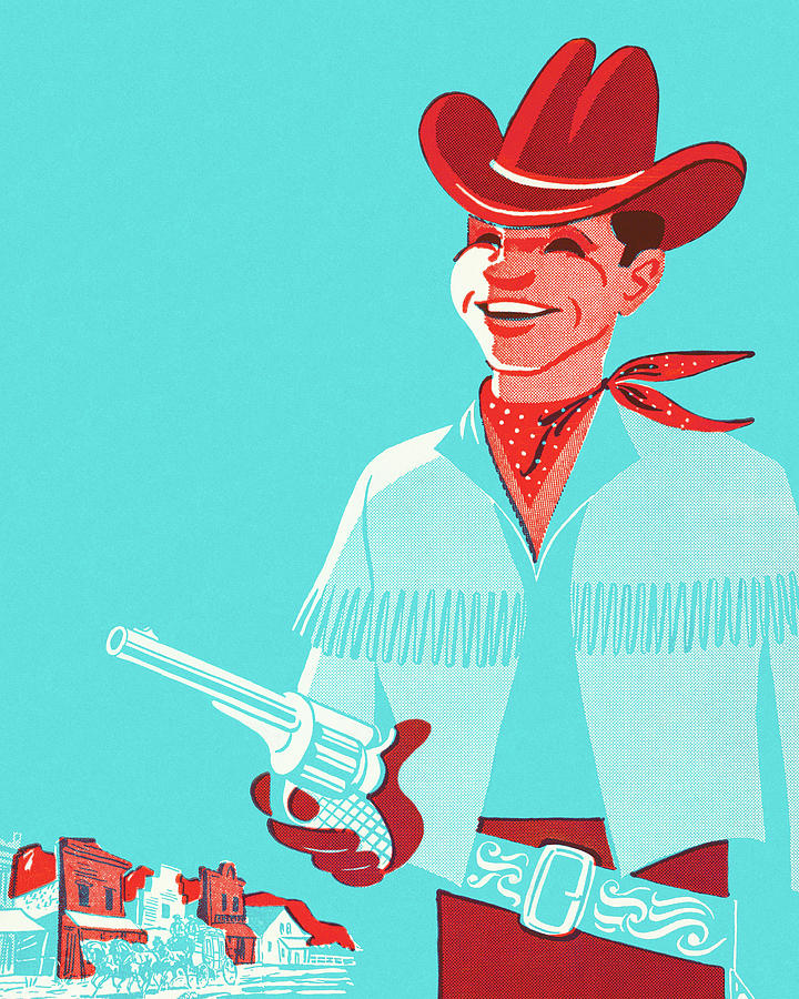 Vintage Drawing - Smiling Cowboy Holding Gun #1 by CSA Images