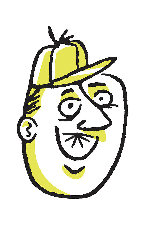 Vintage Drawing - Smiling Man with Little Mustache in Baseball Cap #1 by CSA Images