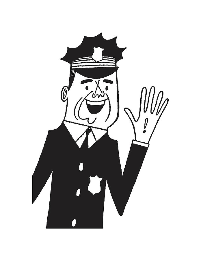 Smiling Policeman with Exclamation Point on Hand Drawing by CSA Images ...