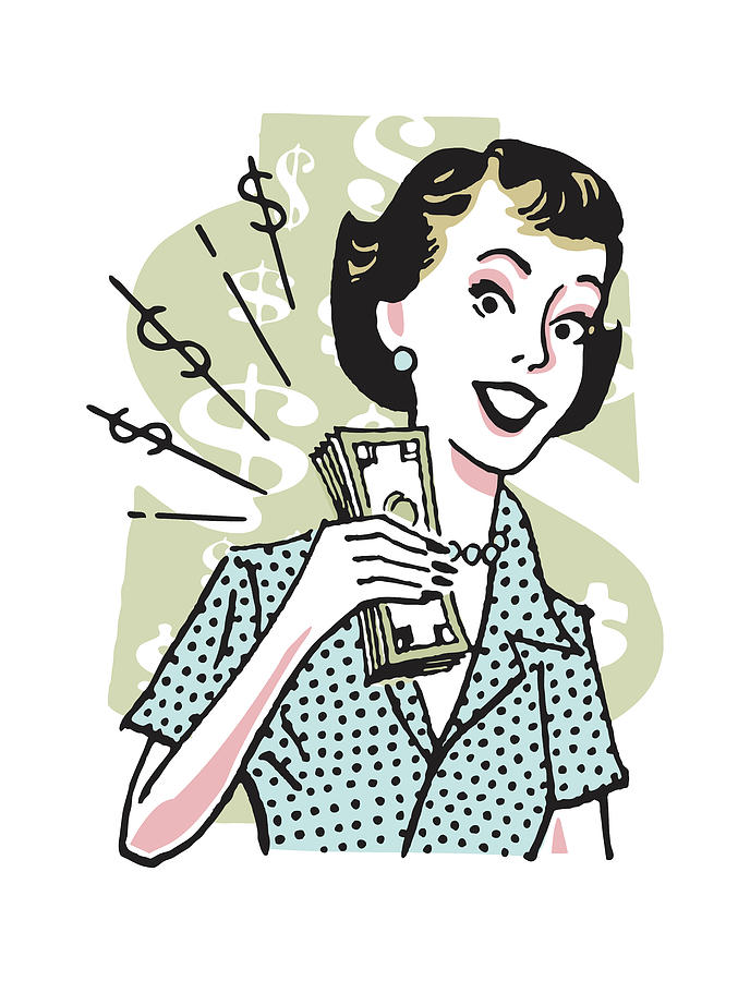 Vintage Drawing - Smiling Woman Holding Money #1 by CSA Images