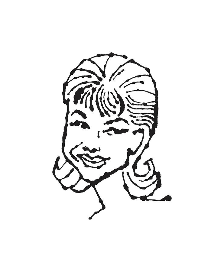 Black And White Drawing - Smiling Woman with Flipped Hair #1 by CSA Images