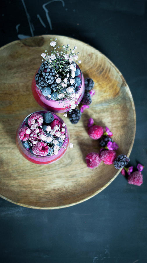 Smoothies strawberries, Raspberries, Blueberries With Dragon Fruit And Chocolate Muesli #1 Photograph by Elena Ecimovic