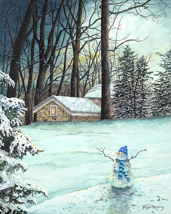 Winter Painting - Snowman In Moonlight #1 by James Redding