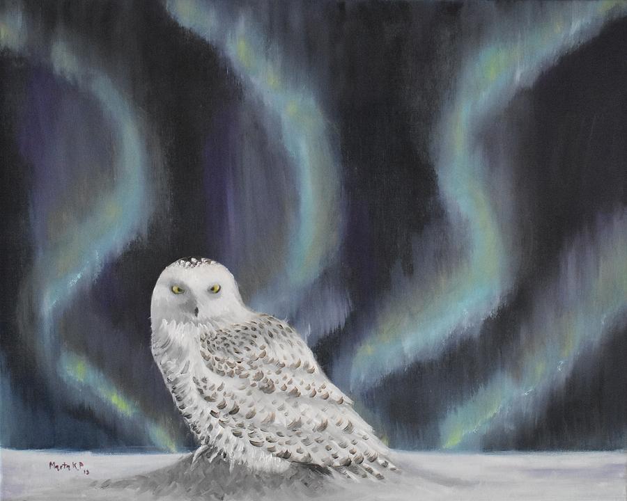 Snowy Owl And Aurora Borealis Painting by Marta Pawlowski