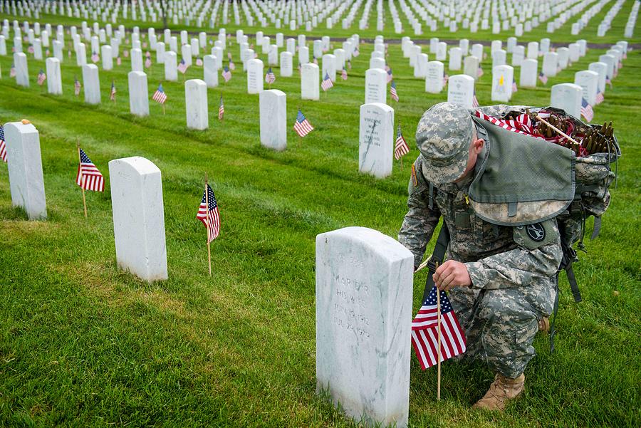 Flag Photograph - Soldiers Place Flags On Tombs For Memorial Day #1 by Photo File
