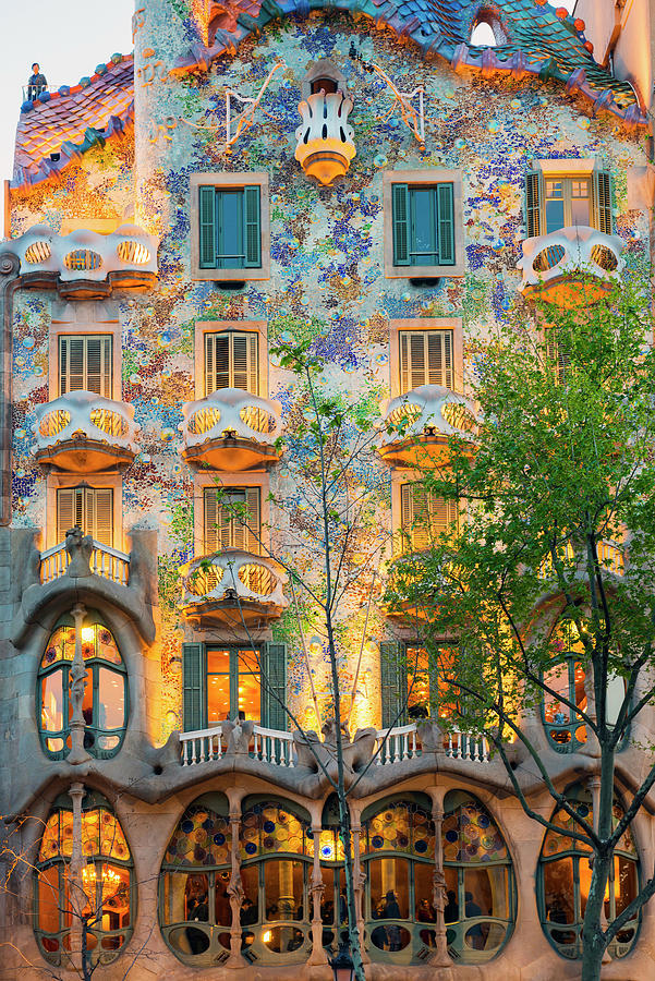Spain, Catalonia, Barcelona, Casa Batllo Illuminated Up At Dusk, Architect Antoni Gaudi #1 Digital Art by Jordan Banks