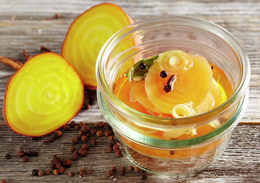 Spicy Pickled Golden Beets With White Wine And Cloves #1 Photograph by Teubner Foodfoto