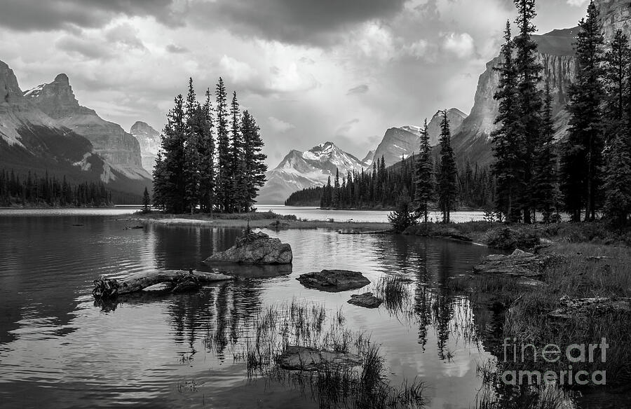Black And White Photograph - Spirit Island Canada #1 by Chris Scroggins