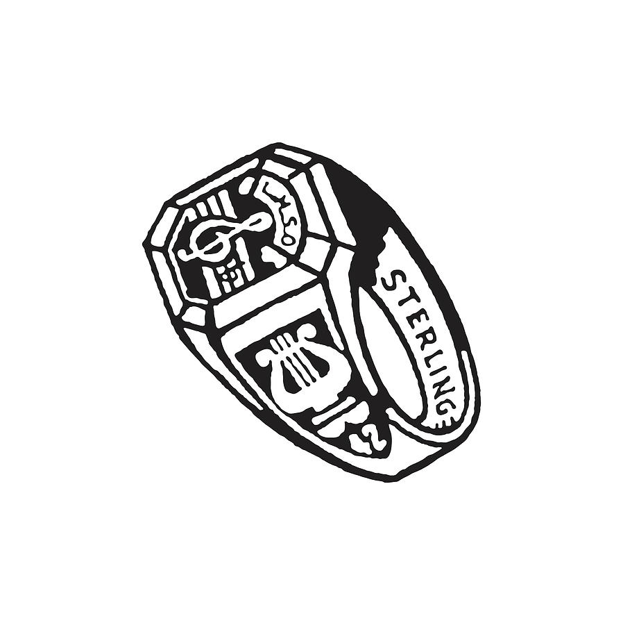 Black And White Drawing - Sterling Silver Class Ring for Musician #1 by CSA Images