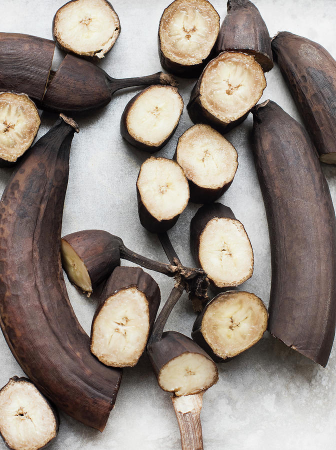 Still Life Of Rotting Bananas, Sliced And Whole, Overhead View Digital