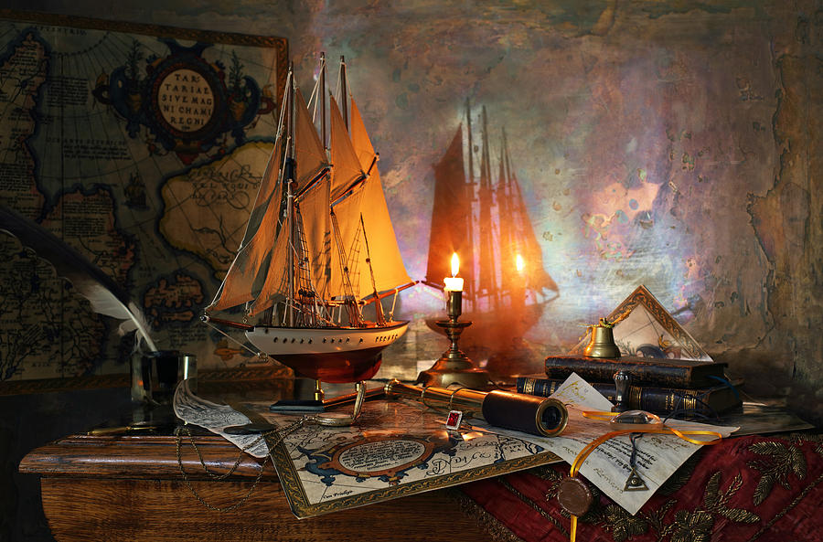 Still Life With A Sailboat And A Mercator Map #1 Photograph by Andrey Morozov
