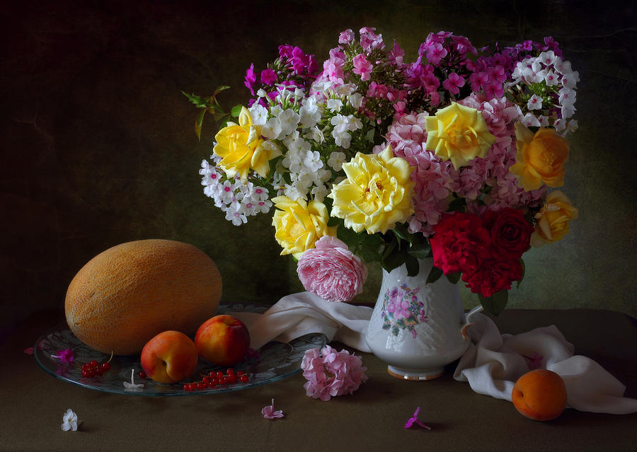 Flower Photograph - Still Life With Flowers And Fruits #1 by Tatyana Skorokhod (??????? ????????)