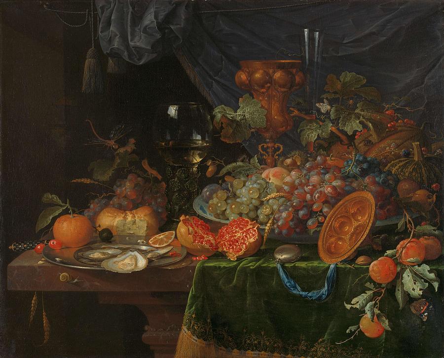 Still Life with Fruit and Oysters. #1 Painting by Abraham Mignon