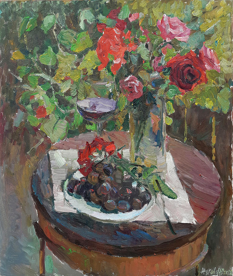 Still life with roses #1 Painting by Juliya Zhukova