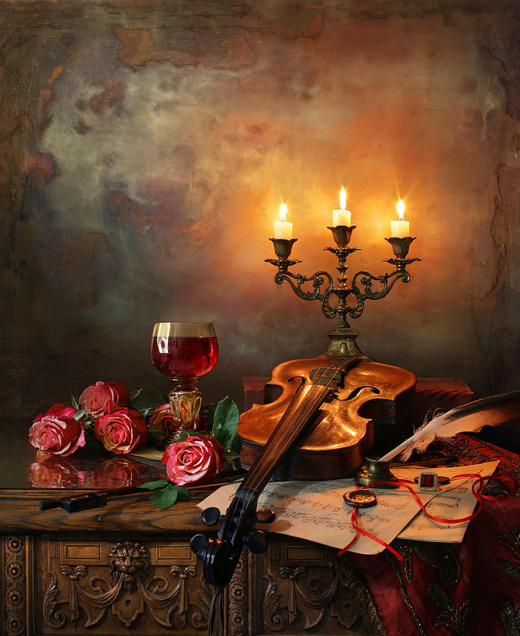 Still Life With Violin And Candles #1 Photograph by Andrey Morozov