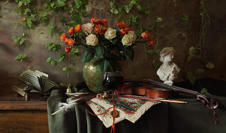 Flowers Photograph - Still Life With Violin And Flowers by Andrey Morozov