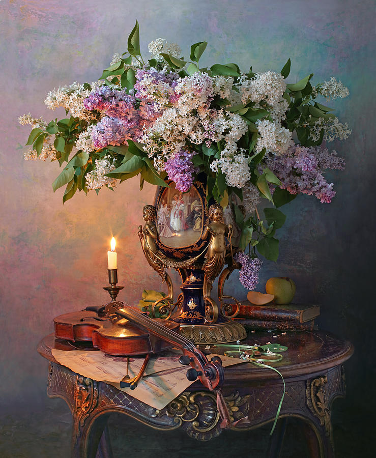 Still Life With Violin And Lilac Flowers #1 Photograph by Andrey Morozov