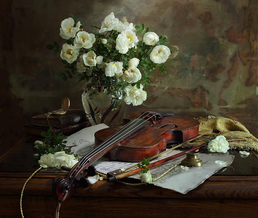 Flower Photograph - Still Life With Violin And Roses #1 by Andrey Morozov