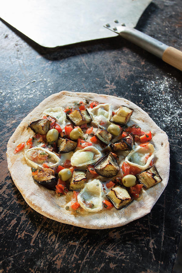 Stoned Eggplant Pizza With Mushrooms, Olives, Red Pepper, Red Onion And Goats Cheese #1 Photograph by Lee Parish