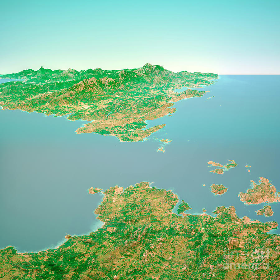 Map Digital Art - Strait Of Bonifacio Sardinia Italy 3D Render Horizon Aerial View #1 by Frank Ramspott