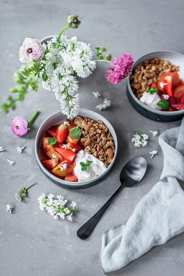 Strawberry And Peach Compote With Almond Granola, Coconut Milk Yoghurt And Mint #1 Photograph by Carolin Strothe