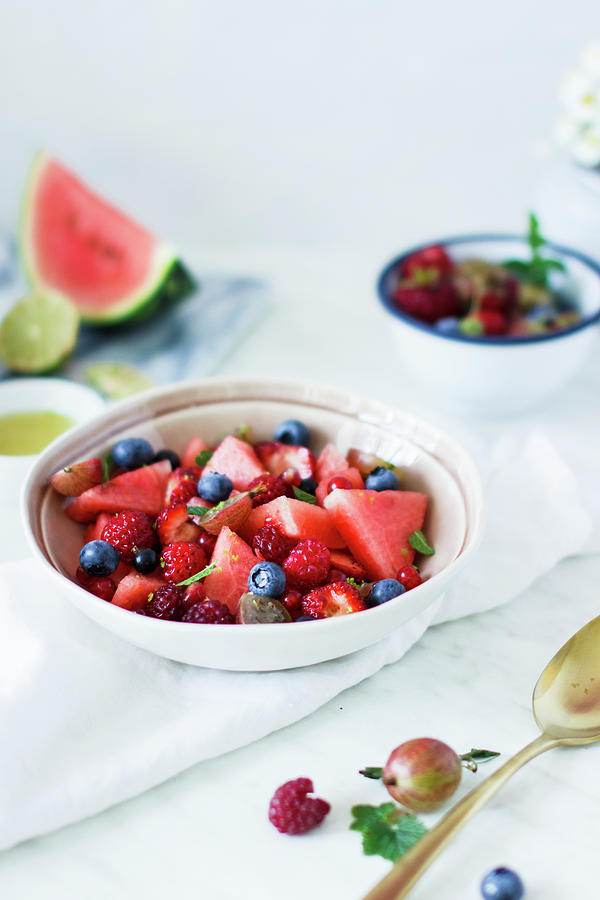 Summer Fruit Salad With Berries And Watermelon #1 Photograph by Annalena Bokmeier