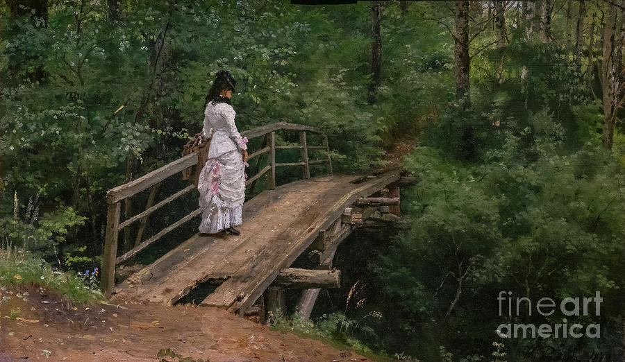 Summer Landscape, Vera Repine On A Small Bridge In Abramtsevo, 1879 Painting by Ilya Repin