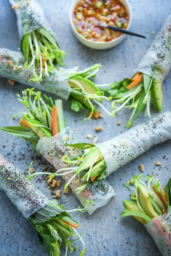 Summer Superfood Rolls: Rice Paper Rolls Filled With Vegetables And Chia Seeds #1 Photograph by Eising Studio