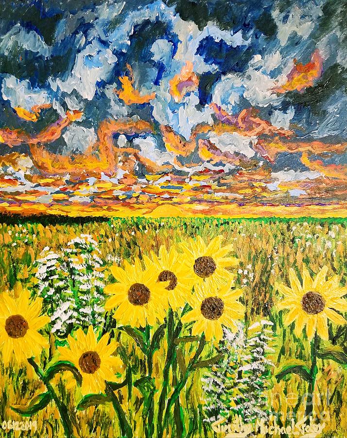 Sunflowers and Colorful Skies Up On High  #1 Painting by Timothy Foley