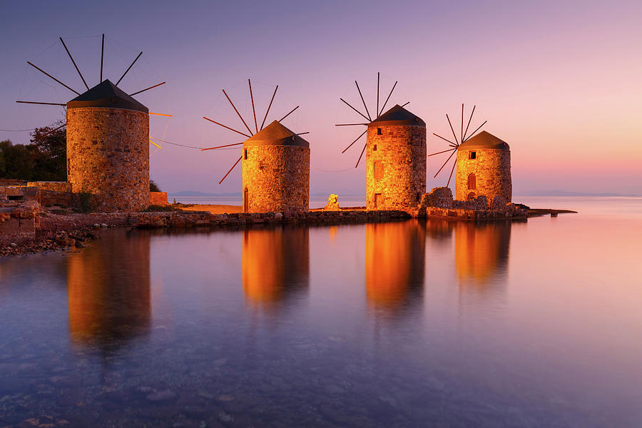 Greek Photograph - Sunrise Image Of The Iconic Windmills In Chios Town. #1 by Cavan Images