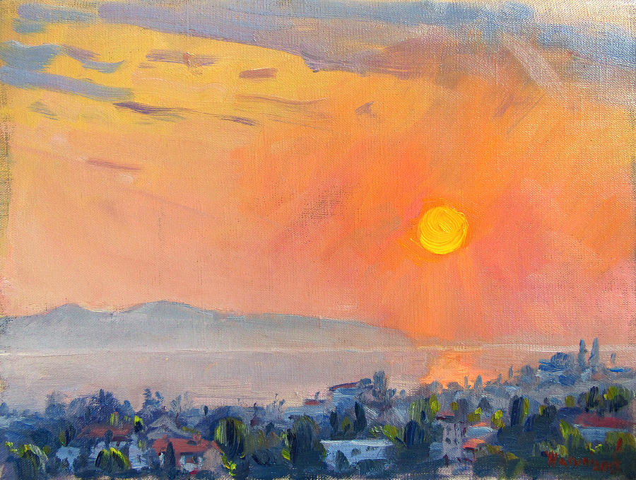 Landscape Painting - Sunrise over Dilesi Athens  #1 by Ylli Haruni