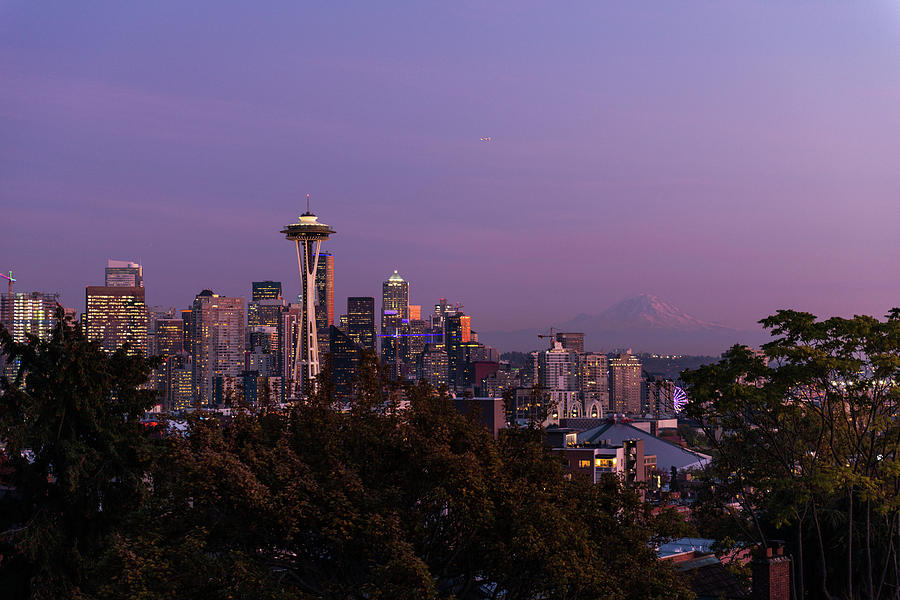 Sunset Over The Skyline Of The City Of Seattle With The Space Needle, Other Emblematic Buildings And Photograph