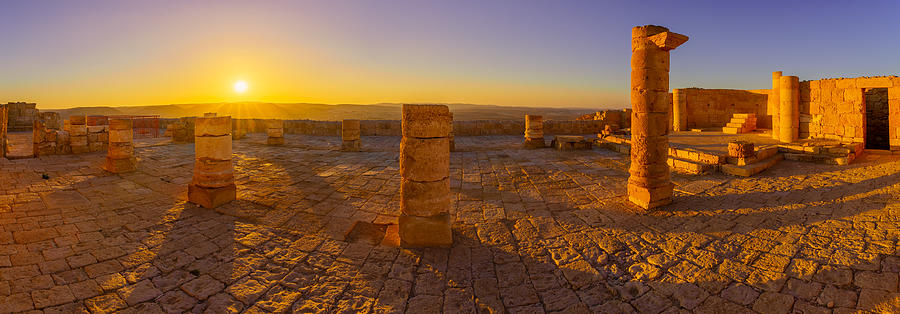 Byzantine Photograph - Sunset Panorama With  Ancient Church, Nabataean City Of Avdat #1 by Ran Dembo