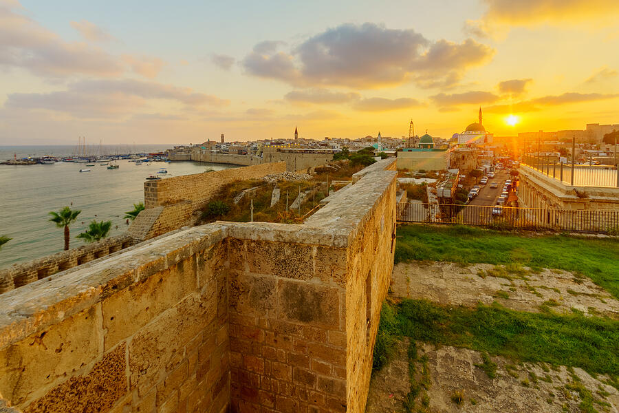Architecture Photograph - Sunset View With Skyline, Walls And Fishing Port, In Acre #1 by Ran Dembo