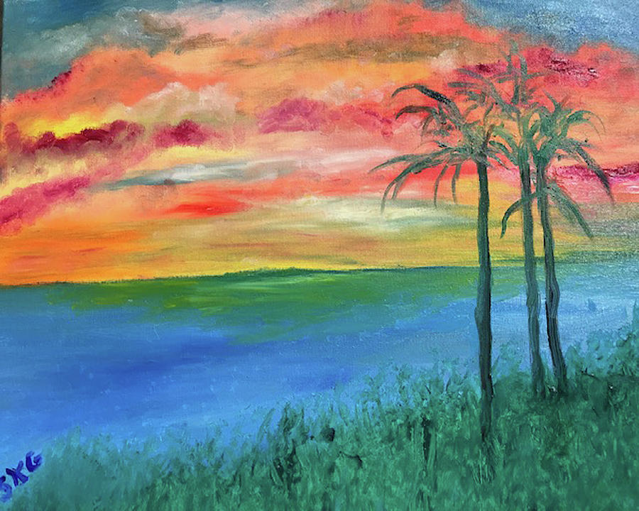 Sunset with Palm Trees Painting by Susan Grunin