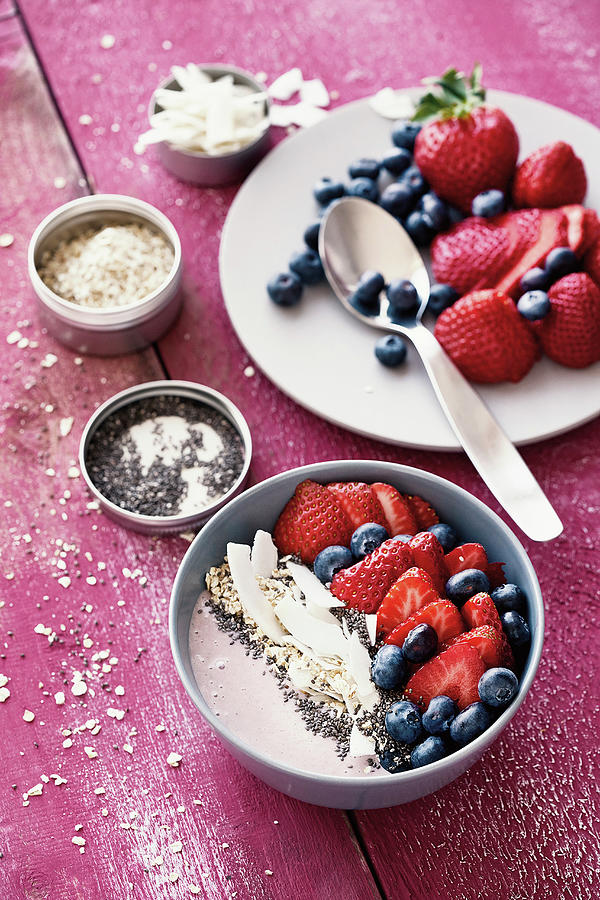 Superfood Smoothie Bowl With Berries And Coconut #1 Photograph by Tre Torri
