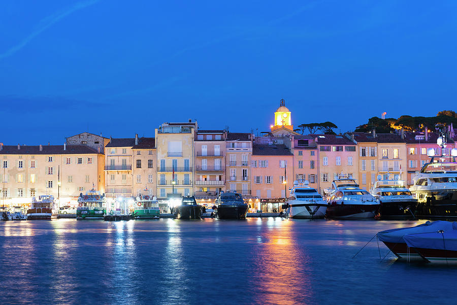 Superyachts And Townhouses On Waterfront At Night, St Tropez, Cote D ...