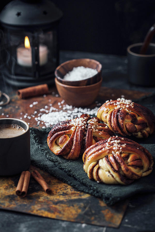 Swedish Cinnamon Buns With Coffee #1 Photograph by Kate Prihodko