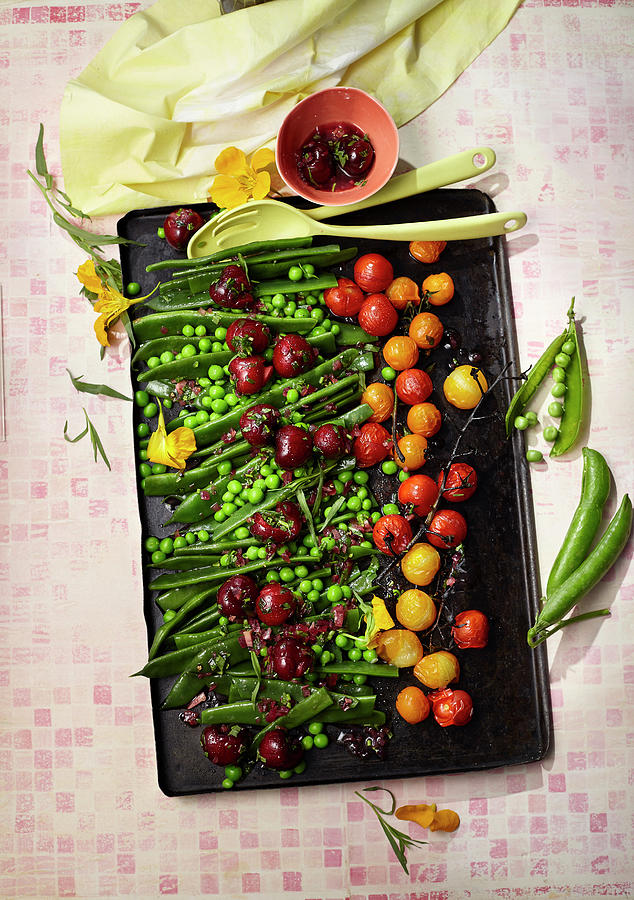 Sweet And Sour Pea Salad With Sweet Cherries And Caramelized Tomatoes #1 Photograph by Ulrike Stockfood Studios / Holsten