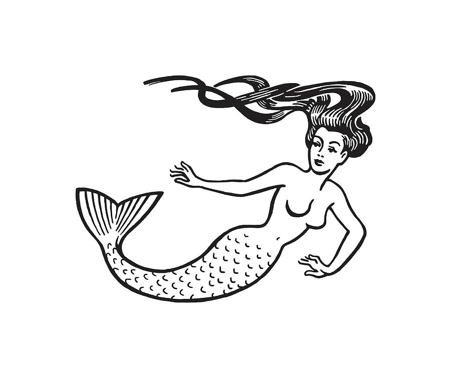 Black And White Drawing - Swimming Mermaid #1 by CSA Images