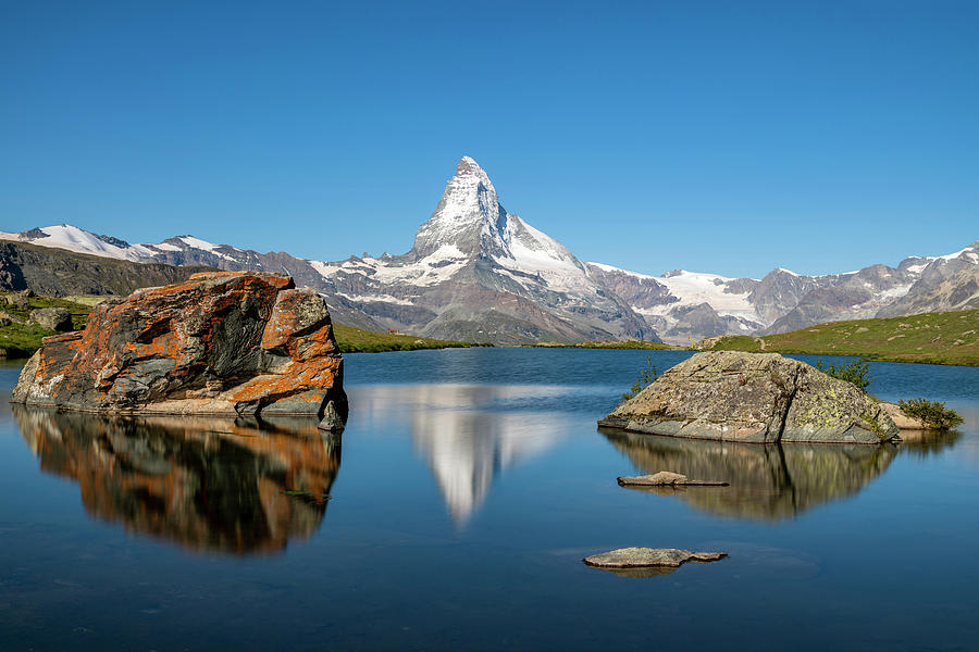 Switzerland, Valais, Alps, Matterhorn (4478m), Swiss Alps, Zermatt, Lake Stellisee With Matterhorn #1 Digital Art by Stefano Politi Markovina