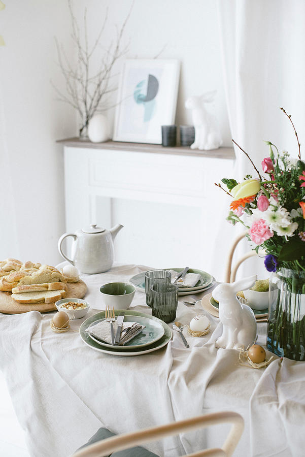 Spring Photograph - Table Decorated In Casual Style And Natural Shades For Easter Breakfast #1 by Katja Heil